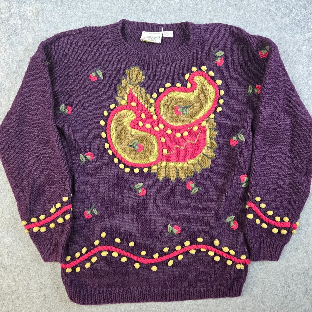Vtg 90s Elements Sweater Womens Small Purple Paisley Floral Knit Boho Artsy